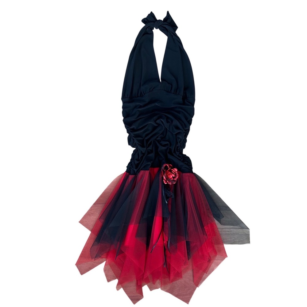 Vintage 90s Grunge Goth Halter Mini Dress Red Black Tulle Whimsigoth Rose S